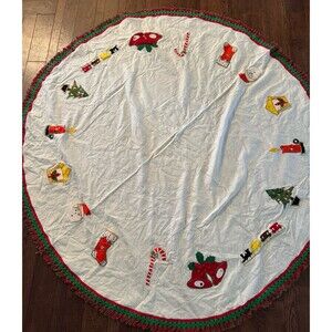 VTG 1950s Hand Sewn Felt Christmas Tree Skirt Sequins, Beads, Appliques, Fringe